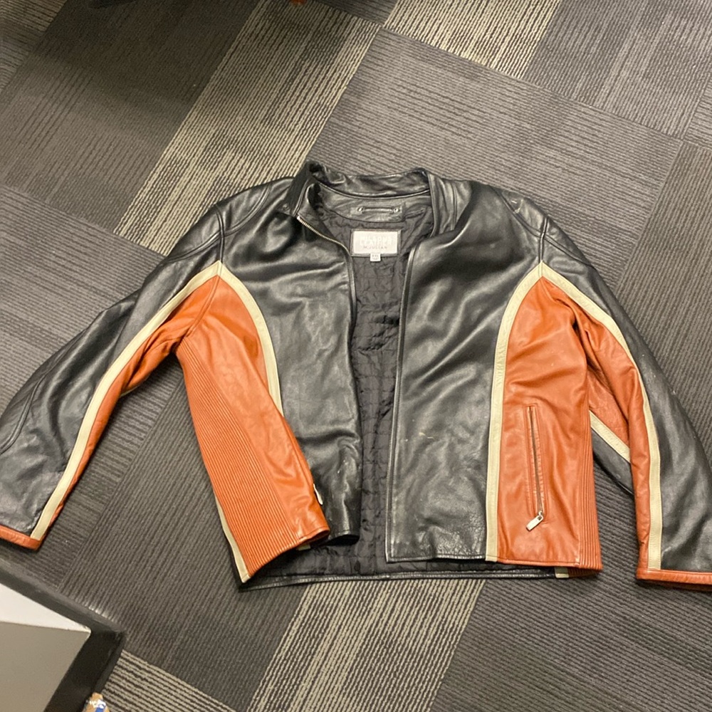 Leather jacket. Black, red, and white